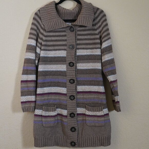 Vintage Old Navy Button Front Long Line Cardigan Lambswool XL Stripe Collar Y2K - Picture 1 of 10